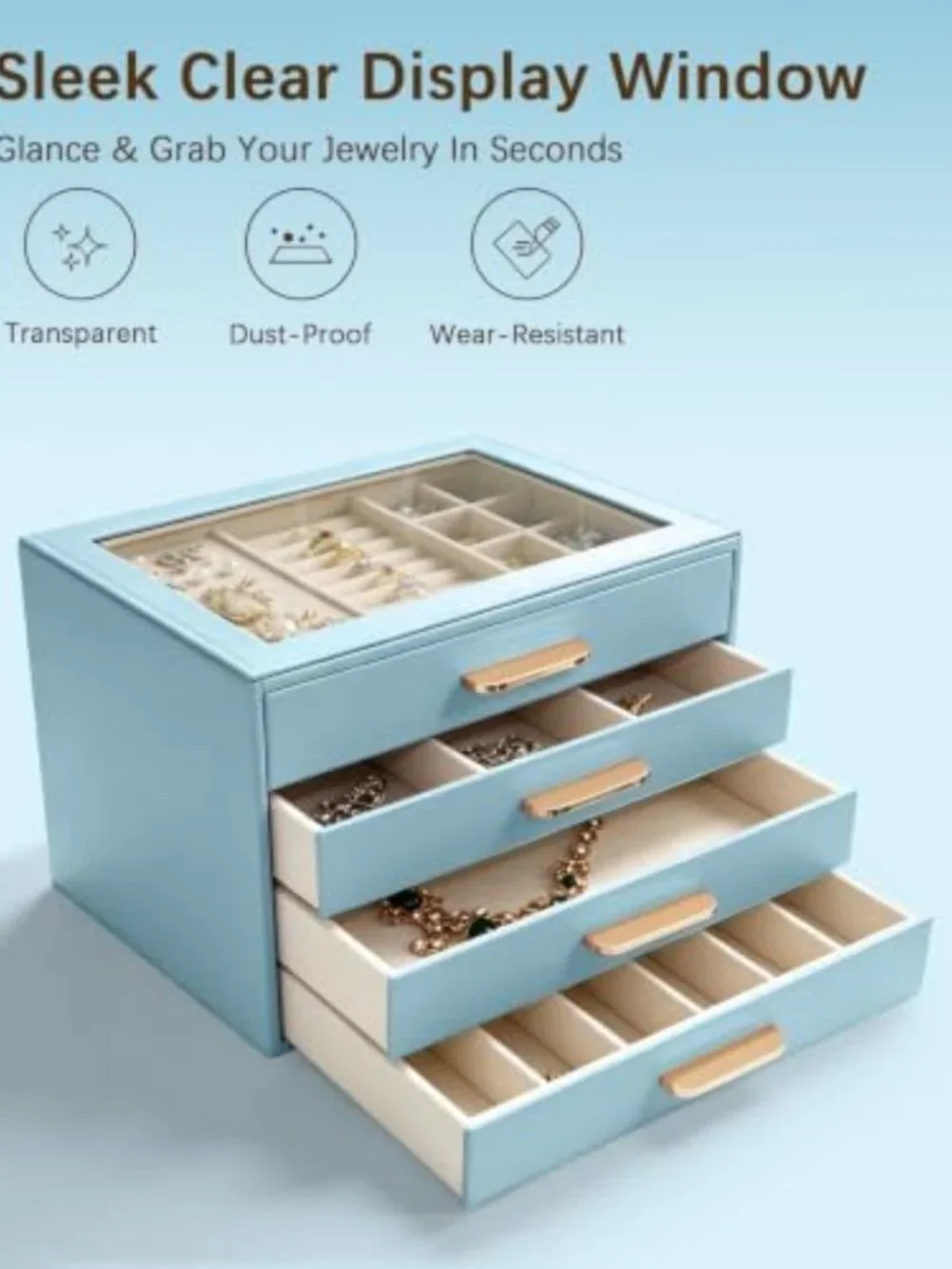 Stylish 4-Layer Jewelry Organizer Box with Glass Lid - Blue PU Leather Storage